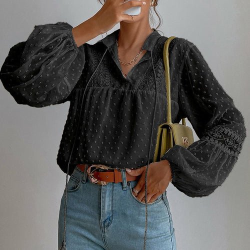 Tassel V Neck Shirt Lantern Sleeve Patchwork Sheer Lace Tops - Busy Bee Bazaar