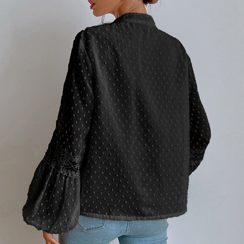 Tassel V Neck Shirt Lantern Sleeve Patchwork Sheer Lace Tops - Busy Bee Bazaar