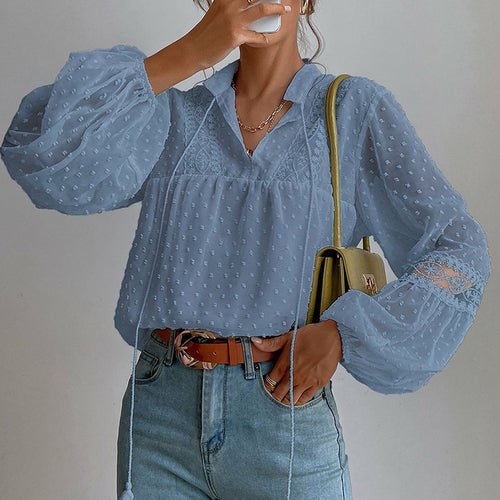 Tassel V Neck Shirt Lantern Sleeve Patchwork Sheer Lace Tops - Busy Bee Bazaar