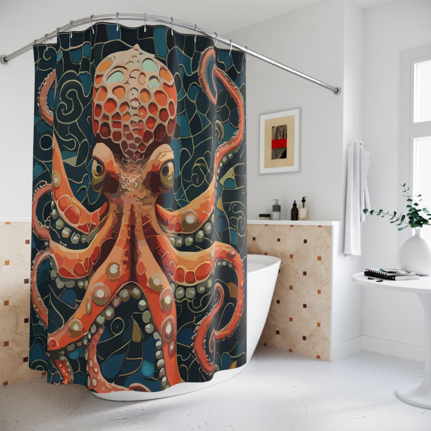Tile Mosaic Octopus Polyester Shower Curtain - Busy Bee Bazaar