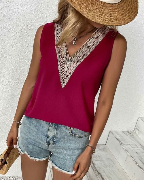 V-neck Lace Sleeveless Solid Tops - Busy Bee Bazaar
