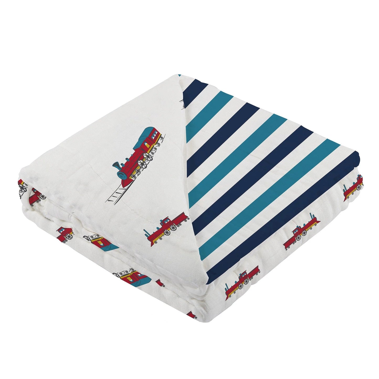 Vintage Steam Trains and Blue Stripe Bamboo Muslin Newcastle Blanket - Busy Bee Bazaar
