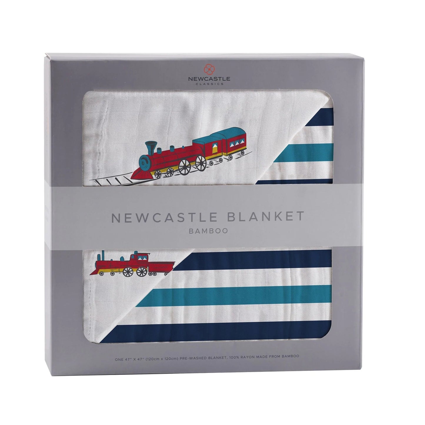 Vintage Steam Trains and Blue Stripe Bamboo Muslin Newcastle Blanket - Busy Bee Bazaar