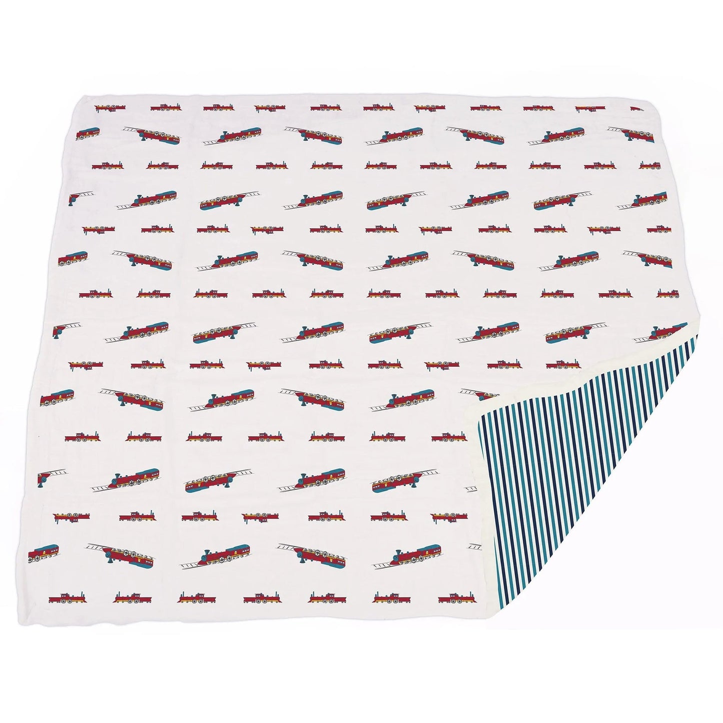 Vintage Steam Trains and Blue Stripe Bamboo Muslin Newcastle Blanket - Busy Bee Bazaar