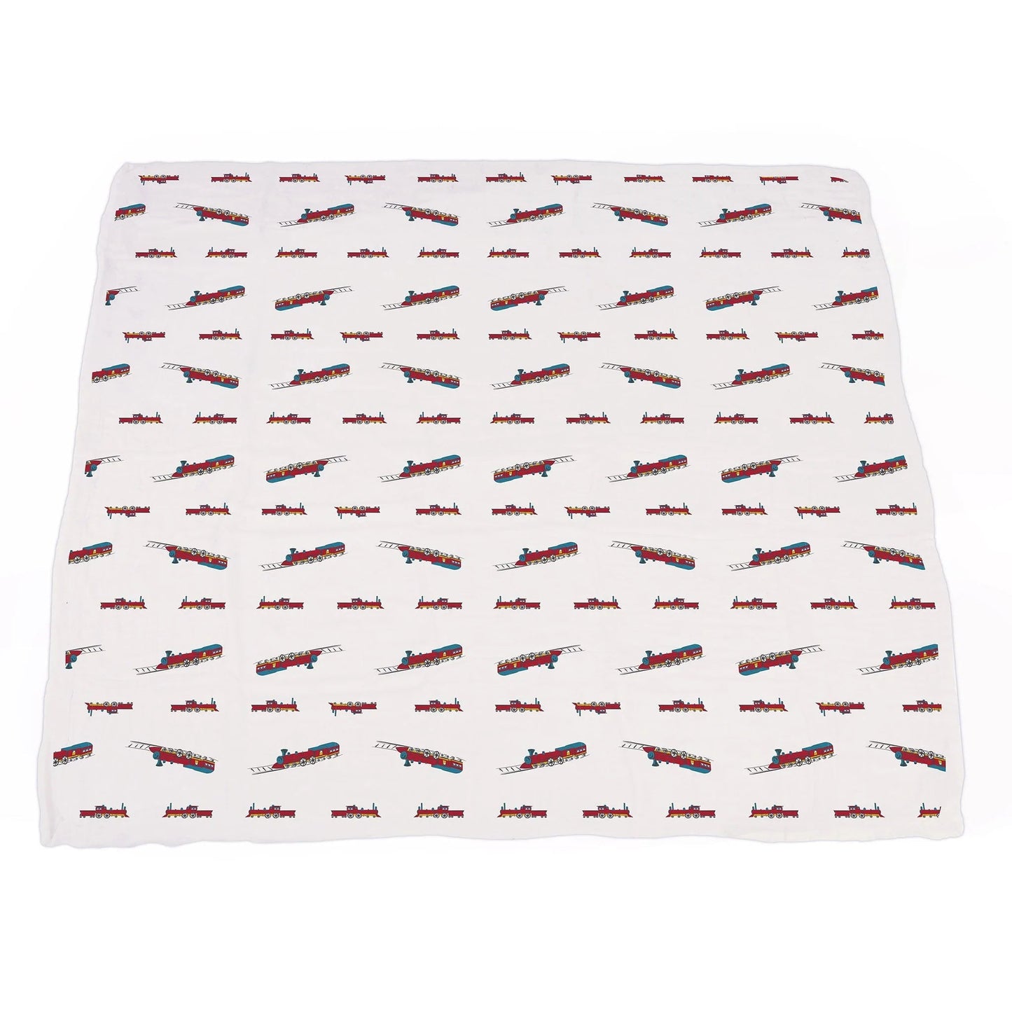 Vintage Steam Trains and Blue Stripe Bamboo Muslin Newcastle Blanket - Busy Bee Bazaar