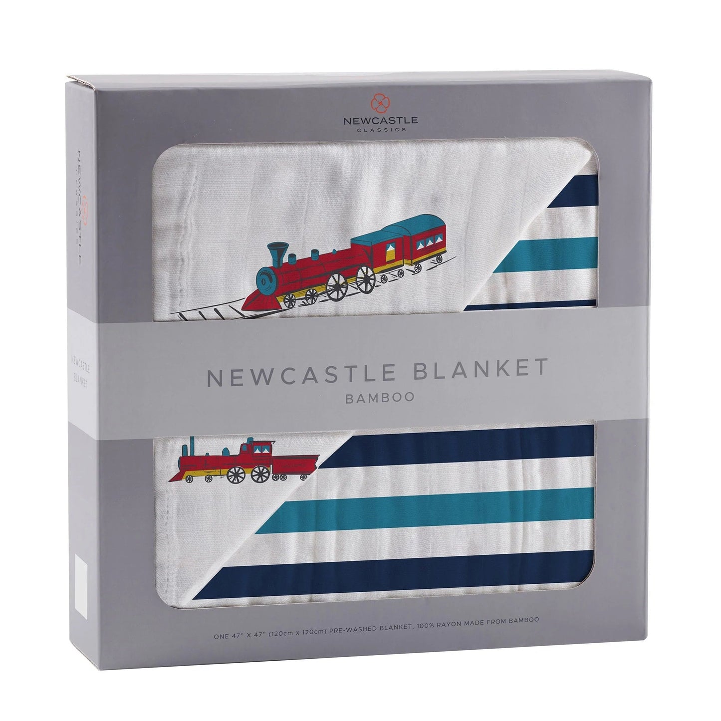 Vintage Steam Trains and Blue Stripe Bamboo Muslin Newcastle Blanket - Busy Bee Bazaar