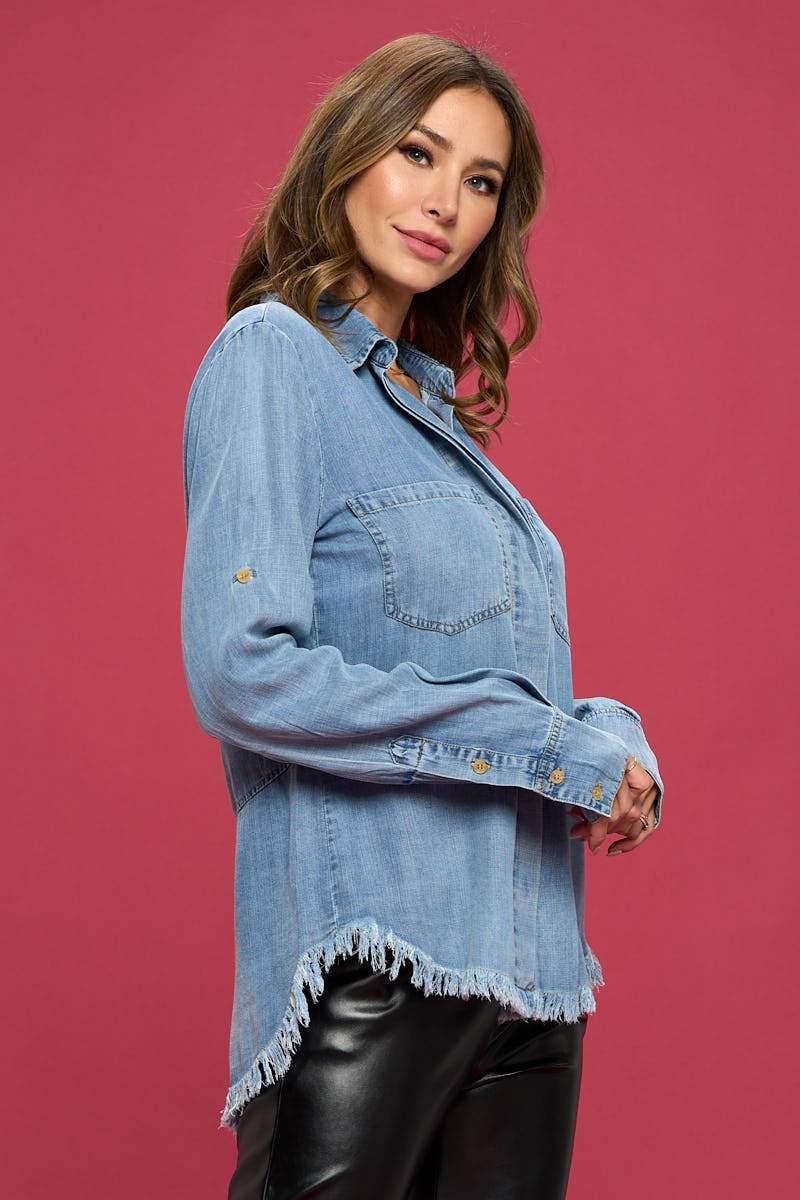 Washed Tencel Light Denim Blouse - Busy Bee Bazaar
