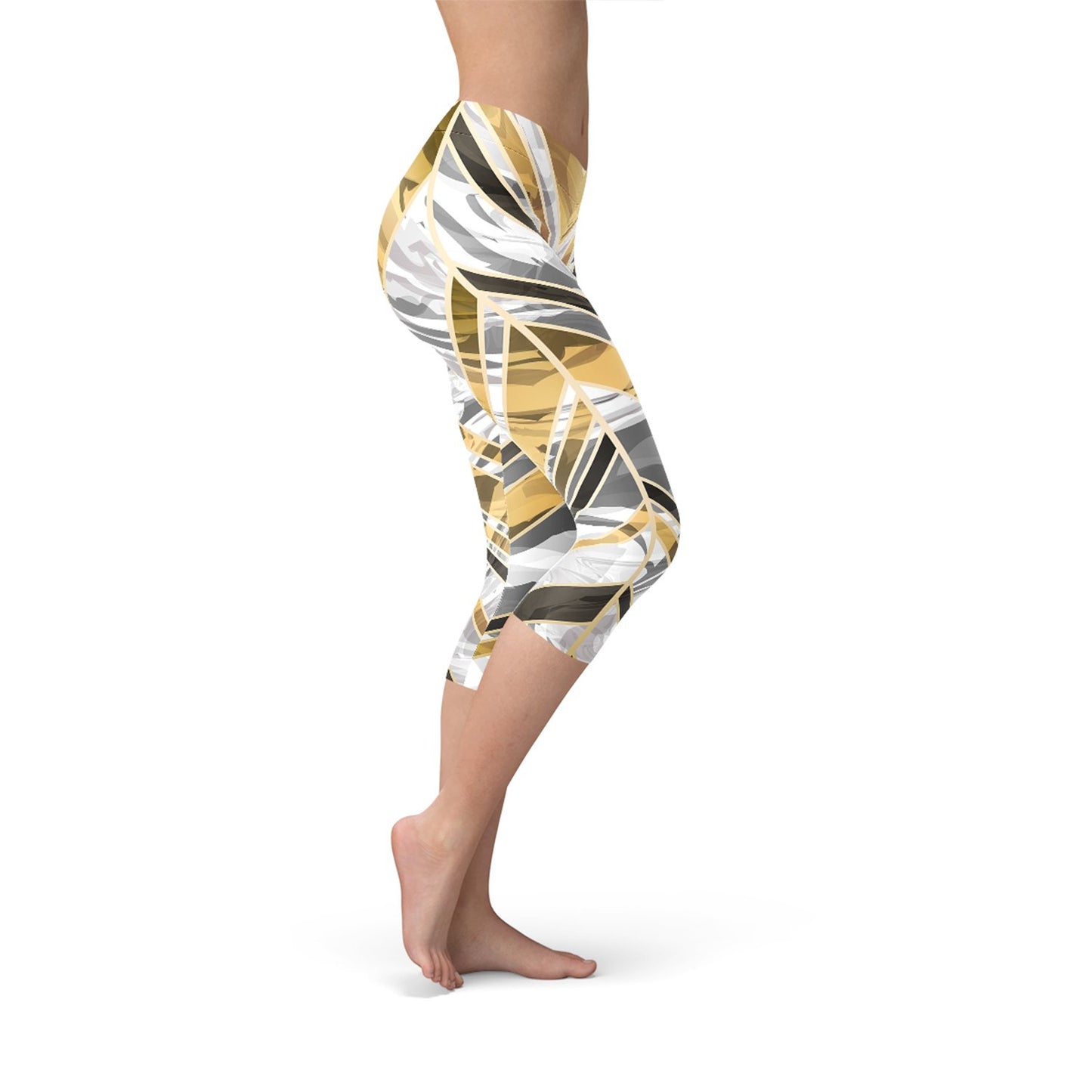 White Marble w/ Black Gold Lines Capri Leggings - Busy Bee Bazaar