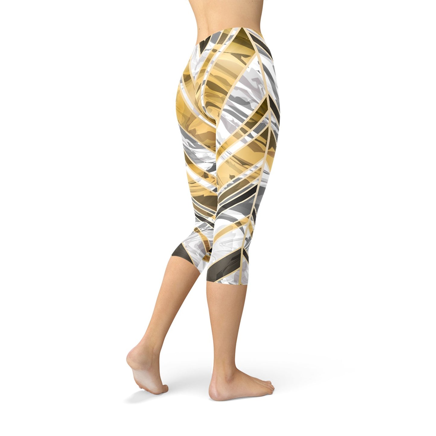 White Marble w/ Black Gold Lines Capri Leggings - Busy Bee Bazaar