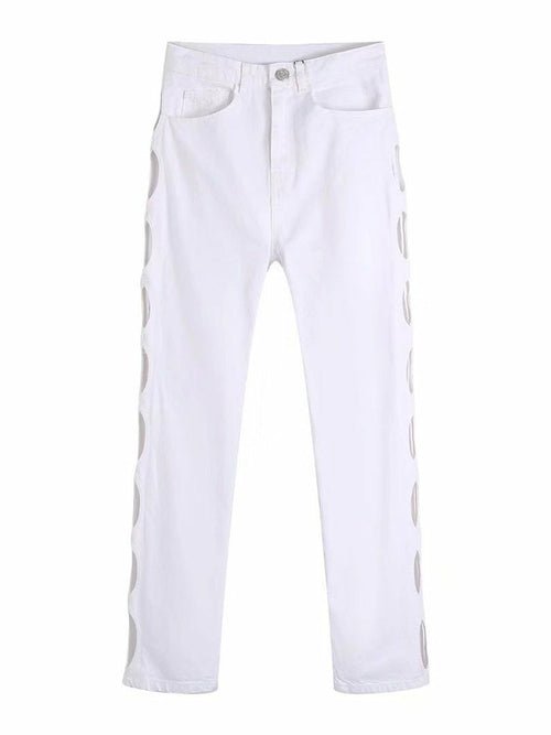Woman Sexy White Hollow Out Straight Pants - Busy Bee Bazaar