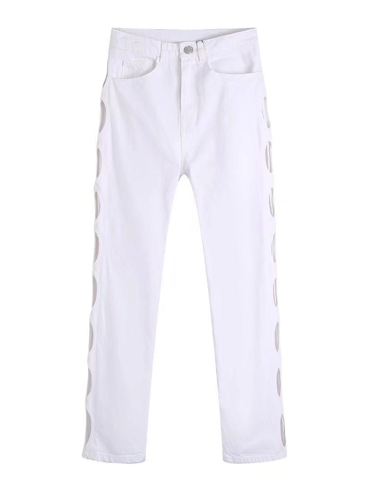 Woman Sexy White Hollow Out Straight Pants - Busy Bee Bazaar