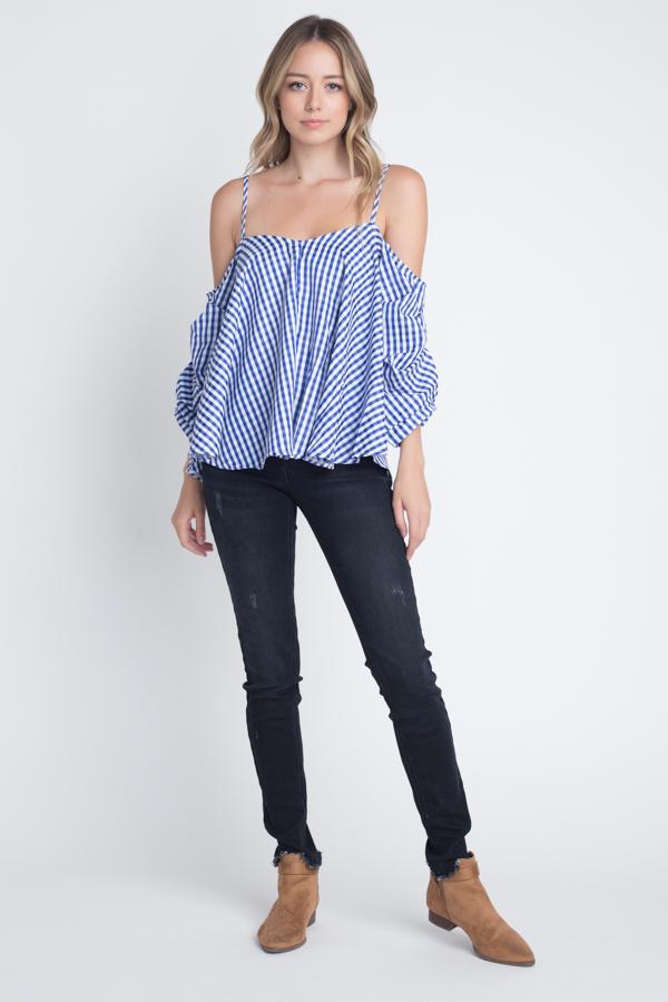 Women's Cold Shoulder Checkered Top - Busy Bee Bazaar
