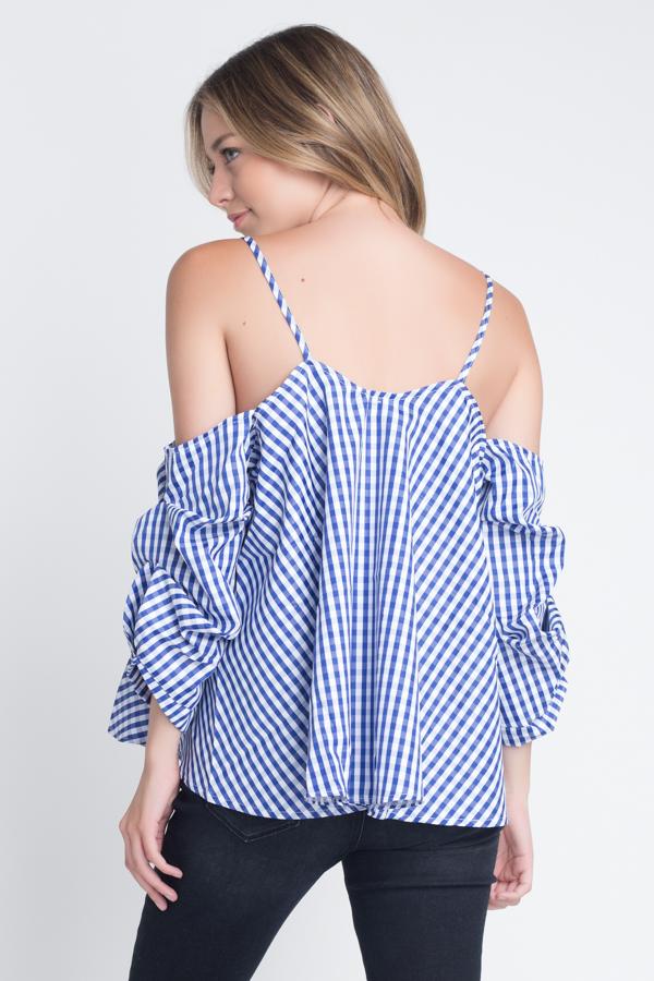 Women's Cold Shoulder Checkered Top - Busy Bee Bazaar