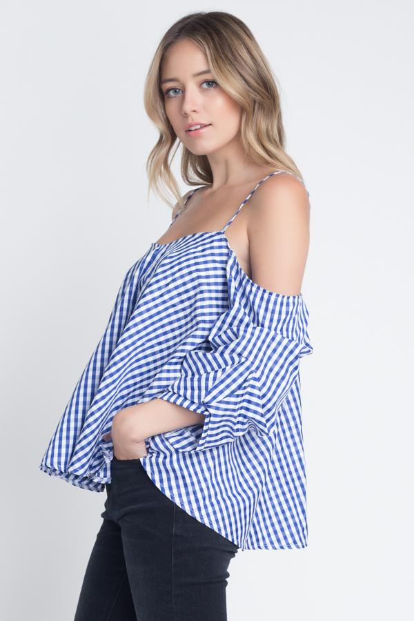 Women's Cold Shoulder Checkered Top - Busy Bee Bazaar
