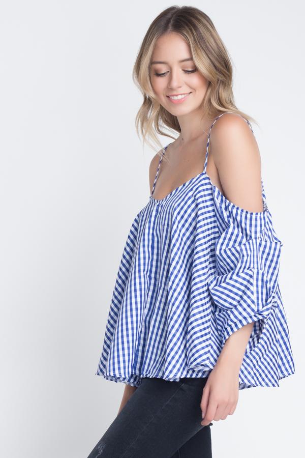 Women's Cold Shoulder Checkered Top - Busy Bee Bazaar