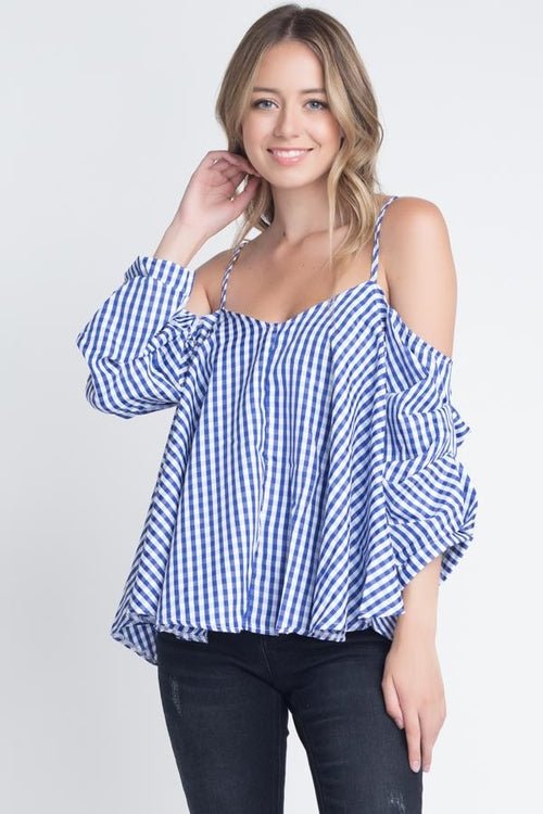 Women's Cold Shoulder Checkered Top - Busy Bee Bazaar