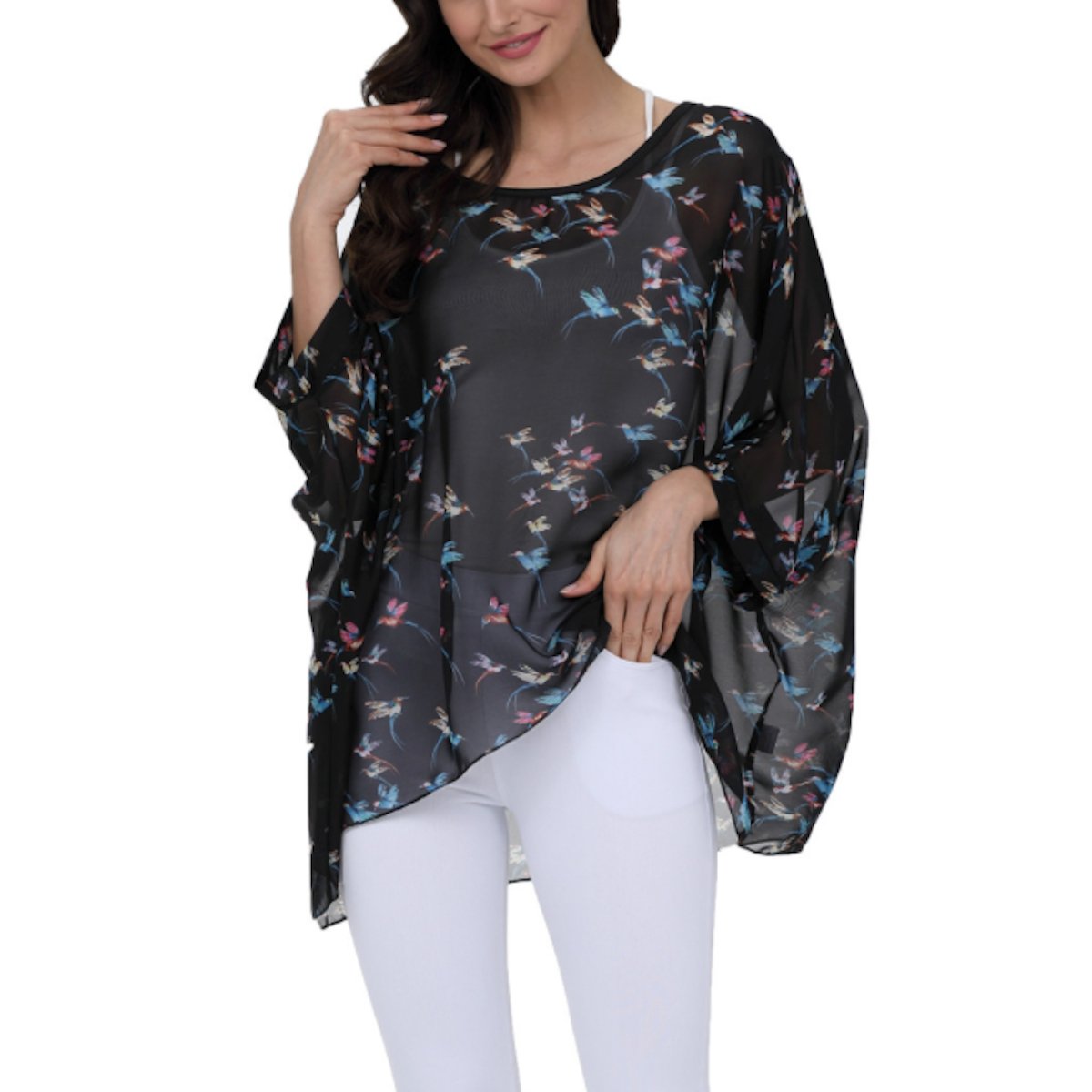 Womens Flying Bird Print Chiffon Top - Busy Bee Bazaar