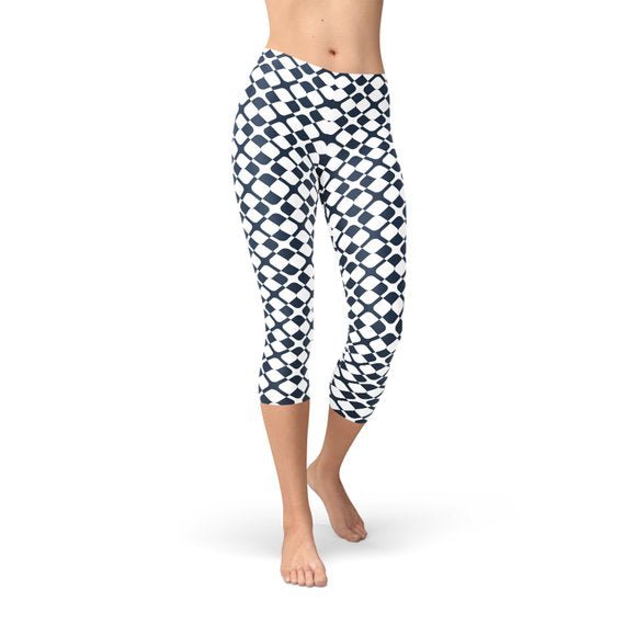 Womens Geometric Blue Tile Capri Leggings - Busy Bee Bazaar
