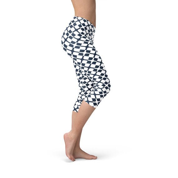 Womens Geometric Blue Tile Capri Leggings - Busy Bee Bazaar