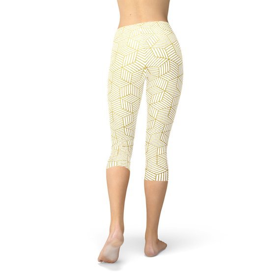 Womens White Capri Leggings w/ Geometric Cubes - Busy Bee Bazaar