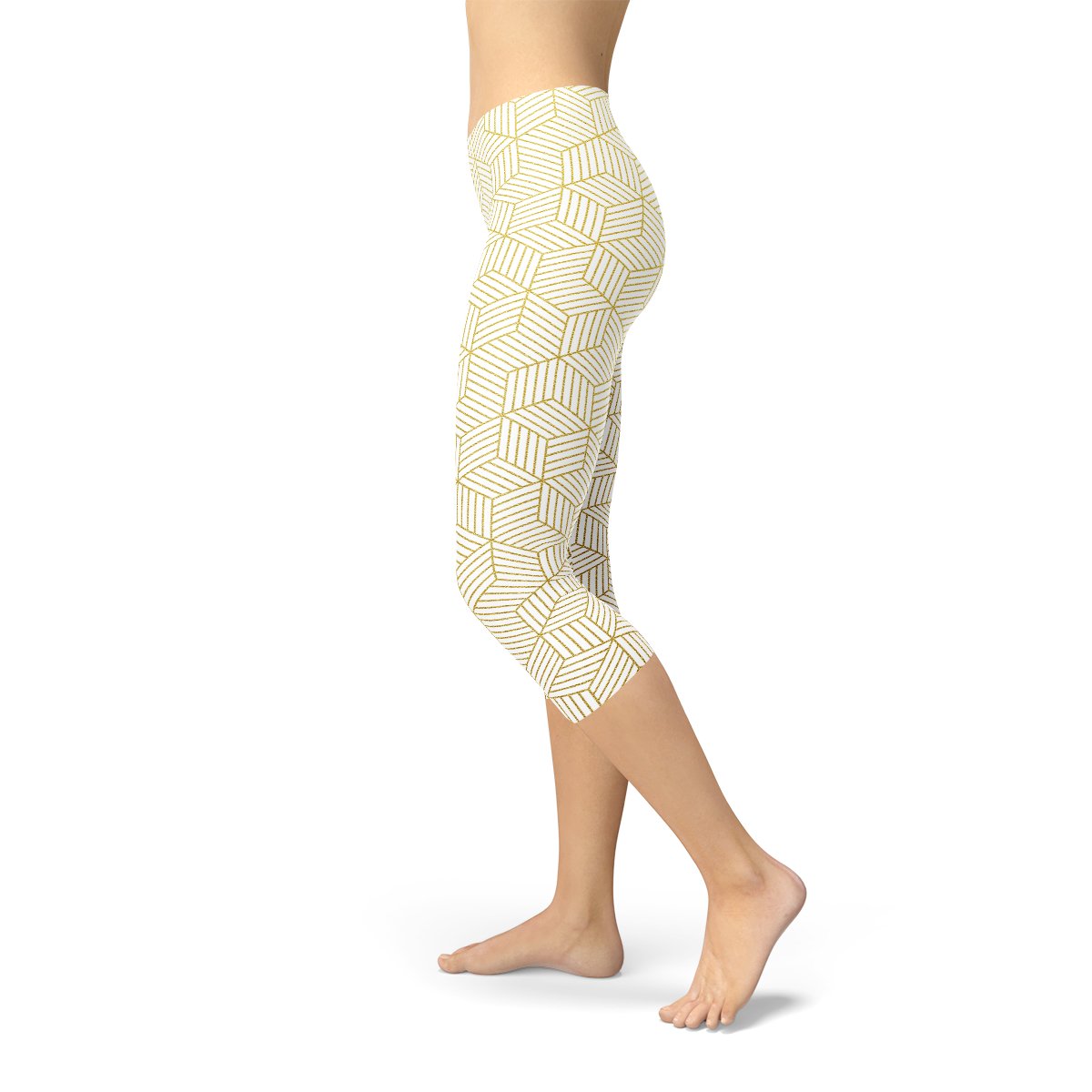 Womens White Capri Leggings w/ Geometric Cubes - Busy Bee Bazaar