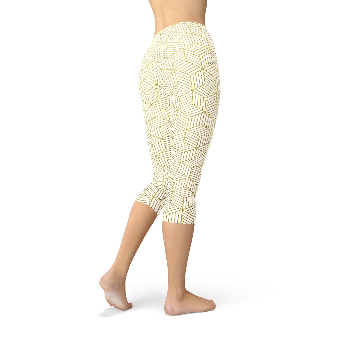 Womens White Capri Leggings w/ Geometric Cubes - Busy Bee Bazaar