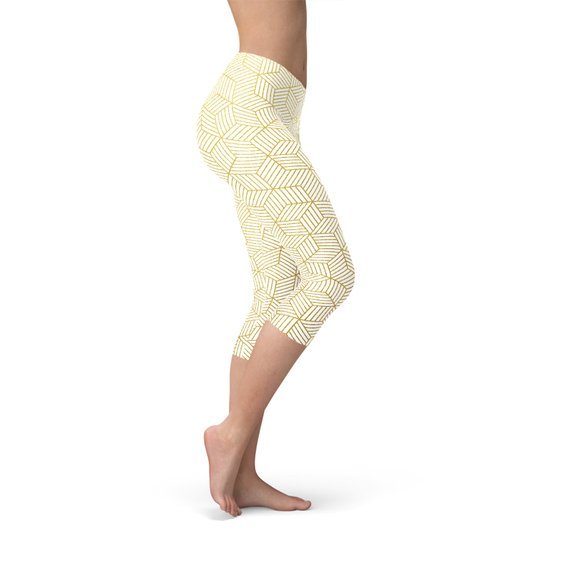 Womens White Capri Leggings w/ Geometric Cubes - Busy Bee Bazaar