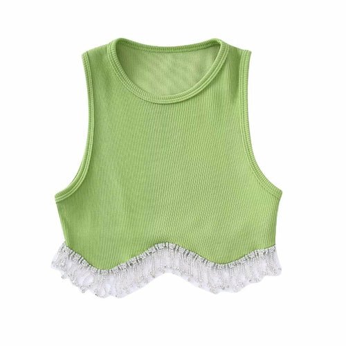 Beading Trimmed Glitter Sexy Party Slim Black White Tank Top - Busy Bee Bazaar
