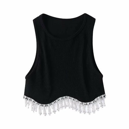 Beading Trimmed Glitter Sexy Party Slim Black White Tank Top - Busy Bee Bazaar