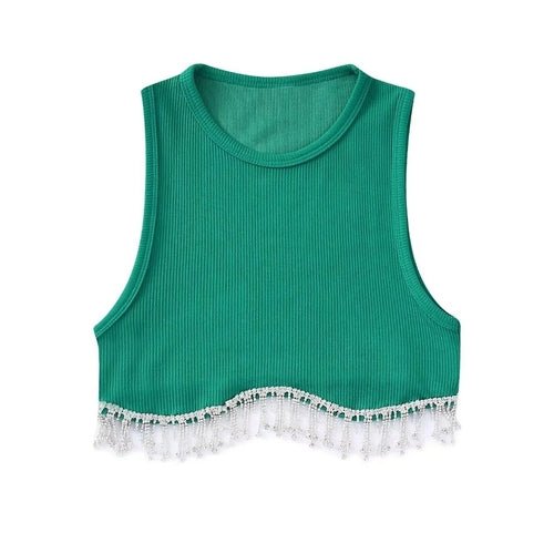 Beading Trimmed Glitter Sexy Party Slim Black White Tank Top - Busy Bee Bazaar