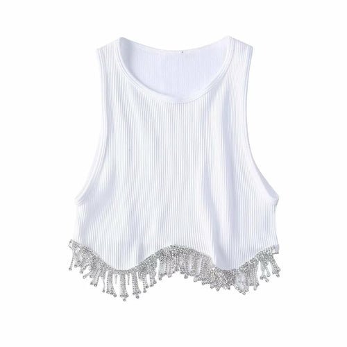 Beading Trimmed Glitter Sexy Party Slim Black White Tank Top - Busy Bee Bazaar