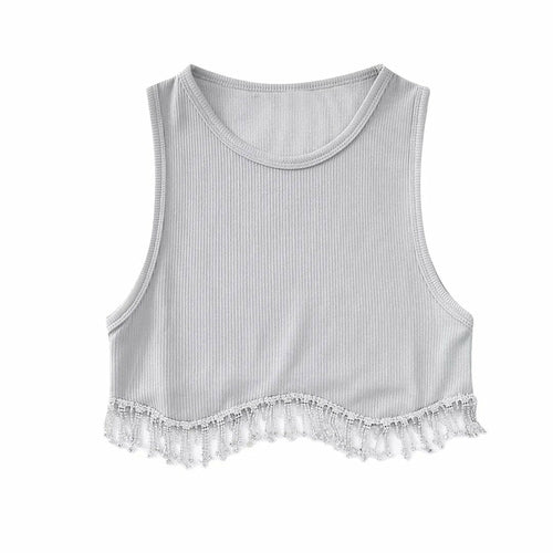 Beading Trimmed Glitter Sexy Party Slim Black White Tank Top - Busy Bee Bazaar