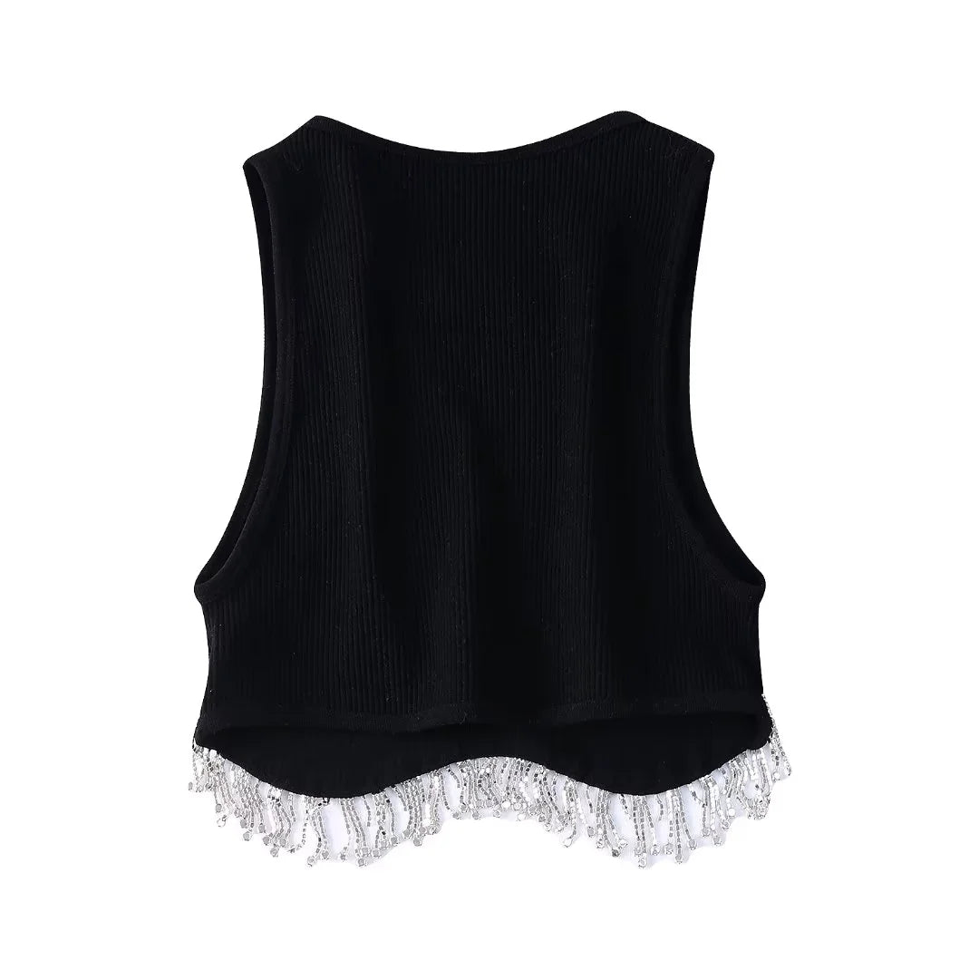 Beading Trimmed Glitter Sexy Party Slim Black White Tank Top - Busy Bee Bazaar
