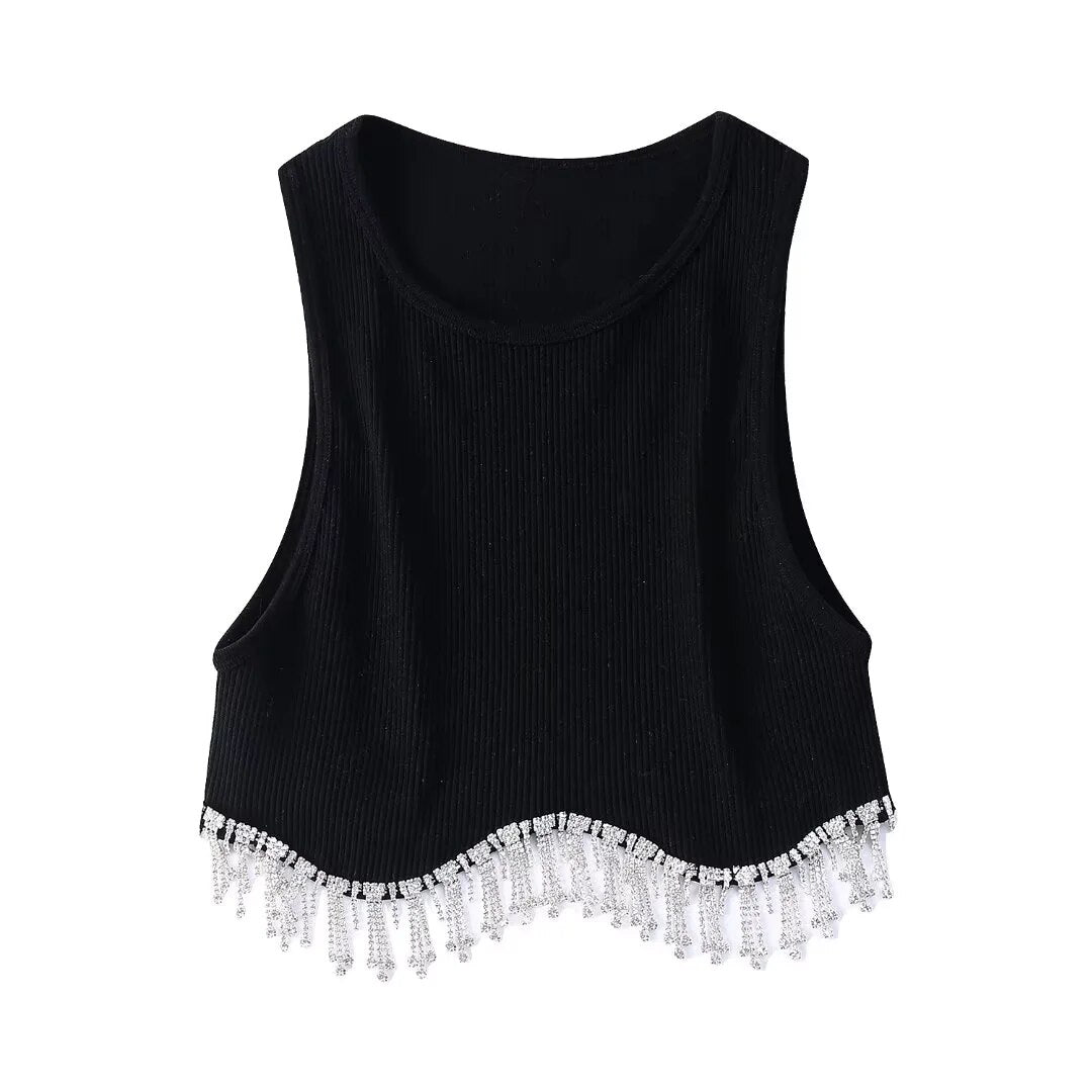 Beading Trimmed Glitter Sexy Party Slim Black White Tank Top - Busy Bee Bazaar
