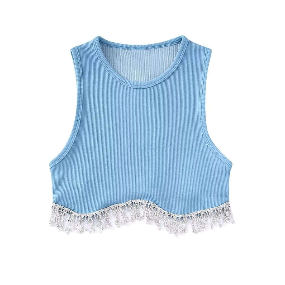 Beading Trimmed Glitter Sexy Party Slim Black White Tank Top - Busy Bee Bazaar