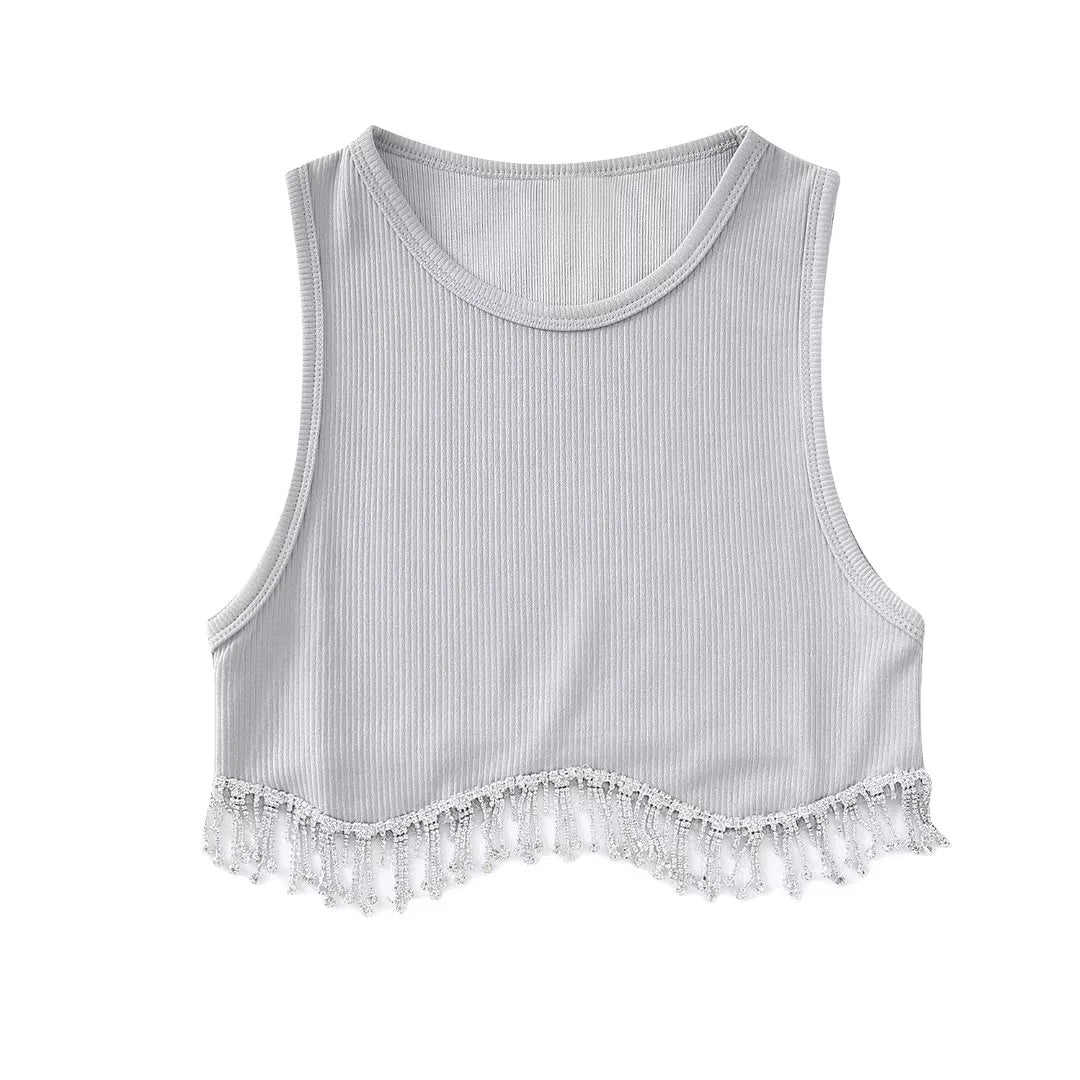 Beading Trimmed Glitter Sexy Party Slim Black White Tank Top - Busy Bee Bazaar