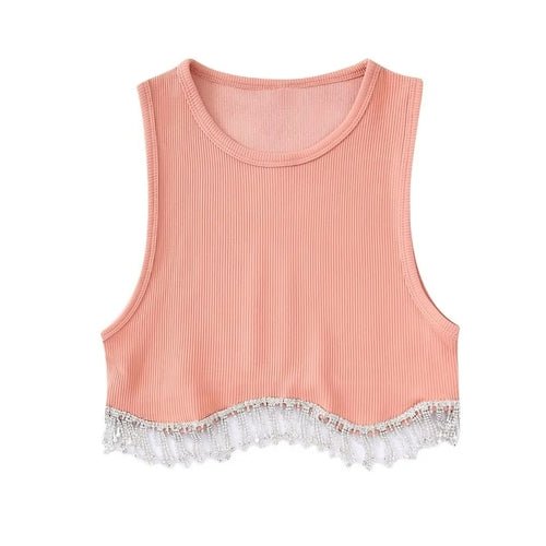 Beading Trimmed Glitter Sexy Party Slim Black White Tank Top - Busy Bee Bazaar