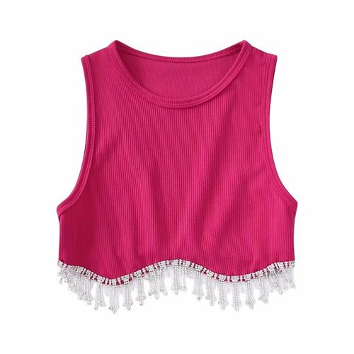 Beading Trimmed Glitter Sexy Party Slim Black White Tank Top - Busy Bee Bazaar