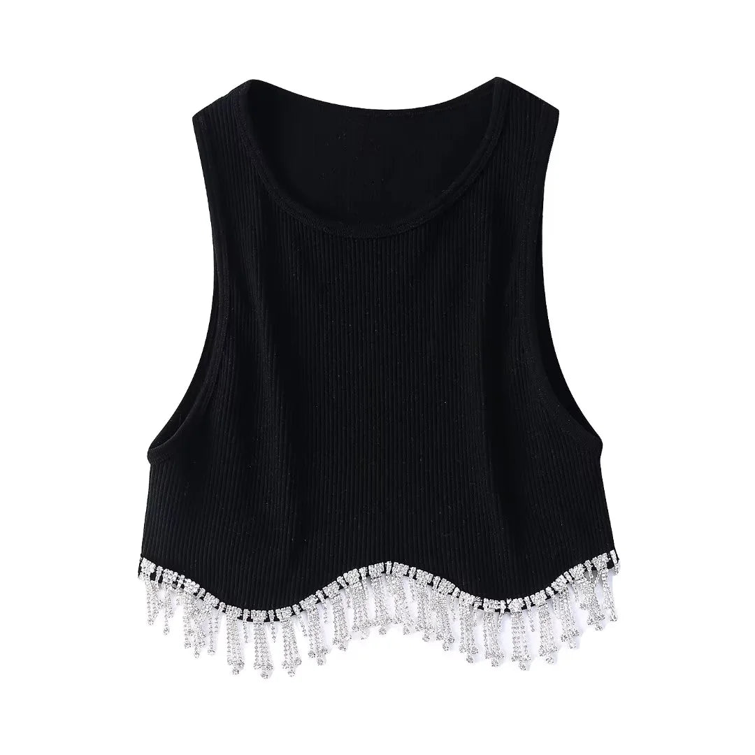 Beading Trimmed Glitter Sexy Party Slim Black White Tank Top - Busy Bee Bazaar