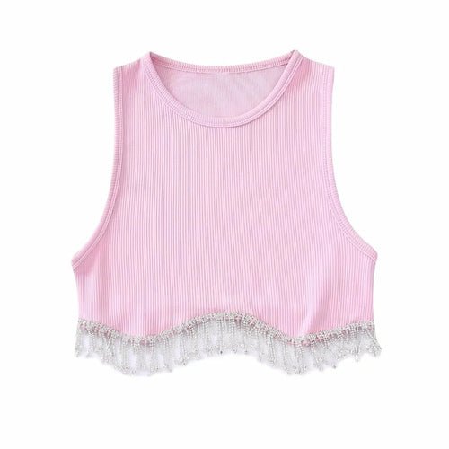 Beading Trimmed Glitter Sexy Party Slim Black White Tank Top - Busy Bee Bazaar