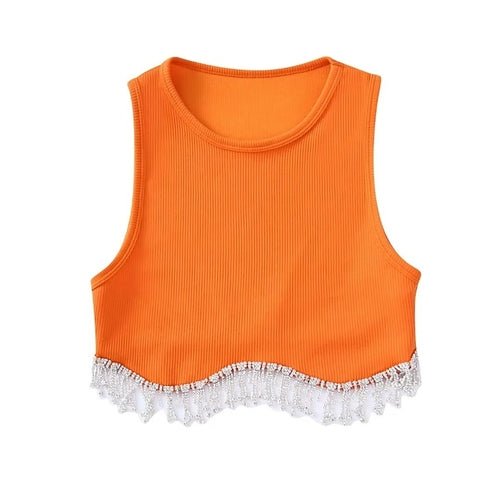 Beading Trimmed Glitter Sexy Party Slim Black White Tank Top - Busy Bee Bazaar