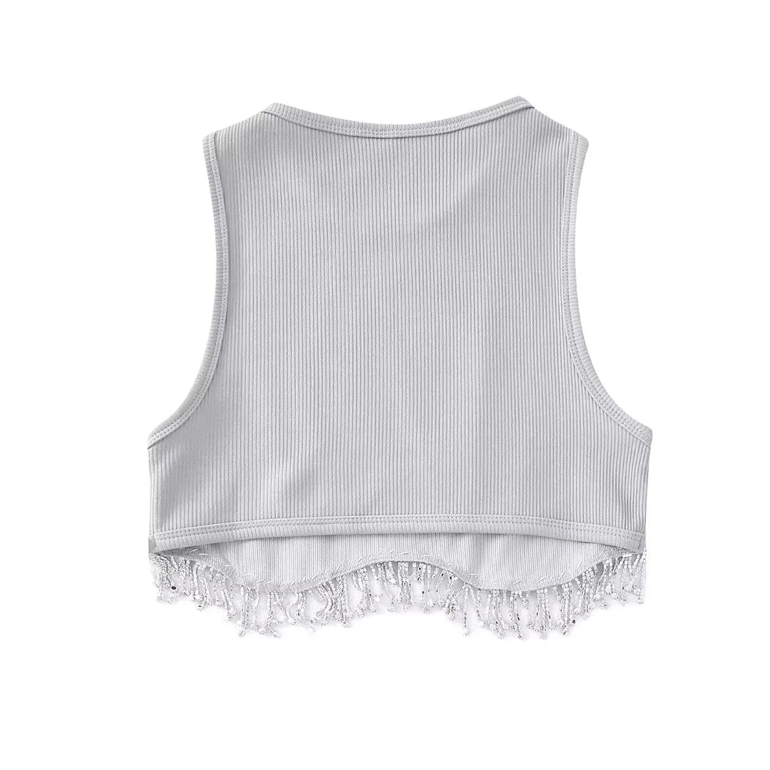 Beading Trimmed Glitter Sexy Party Slim Black White Tank Top - Busy Bee Bazaar