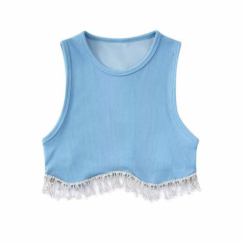 Beading Trimmed Glitter Sexy Party Slim Black White Tank Top - Busy Bee Bazaar