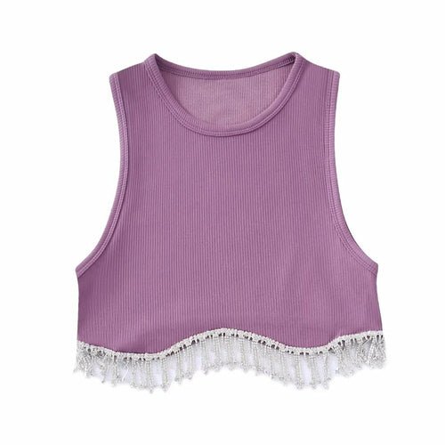 Beading Trimmed Glitter Sexy Party Slim Black White Tank Top - Busy Bee Bazaar