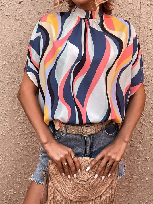 Casual Fashion Printed Split Batwing Sleeve Top - Busy Bee Bazaar
