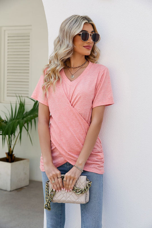 Casual Short-Sleeve V-Neck T-Shirt with Knotted Front - Busy Bee Bazaar