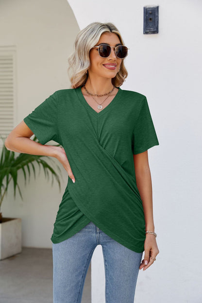 Casual Short-Sleeve V-Neck T-Shirt with Knotted Front - Busy Bee Bazaar