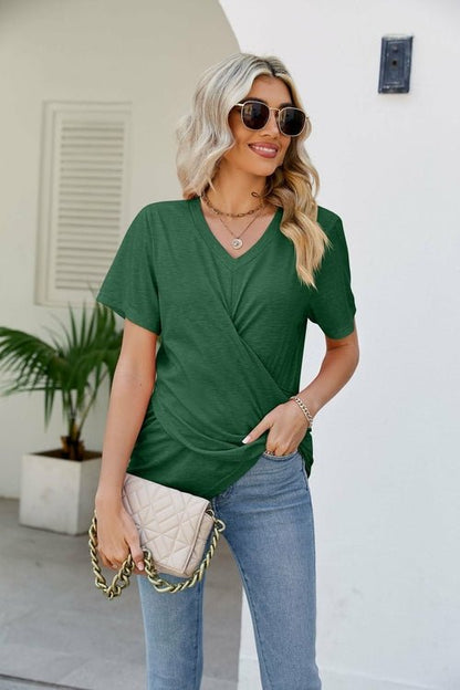 Casual Short-Sleeve V-Neck T-Shirt with Knotted Front - Busy Bee Bazaar