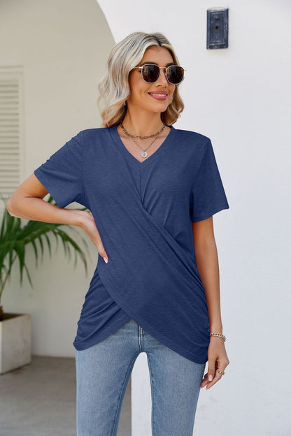 Casual Short-Sleeve V-Neck T-Shirt with Knotted Front - Busy Bee Bazaar