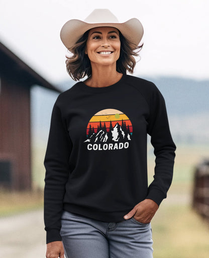 Colorado Retro Sunset Hoodie Rocky Mountains Hoodie Hiking Sweatshirt Forest Mountain Sweatshirt Outdoor Shirt Travel Shirt Vacation Shirt - Busy Bee Bazaar